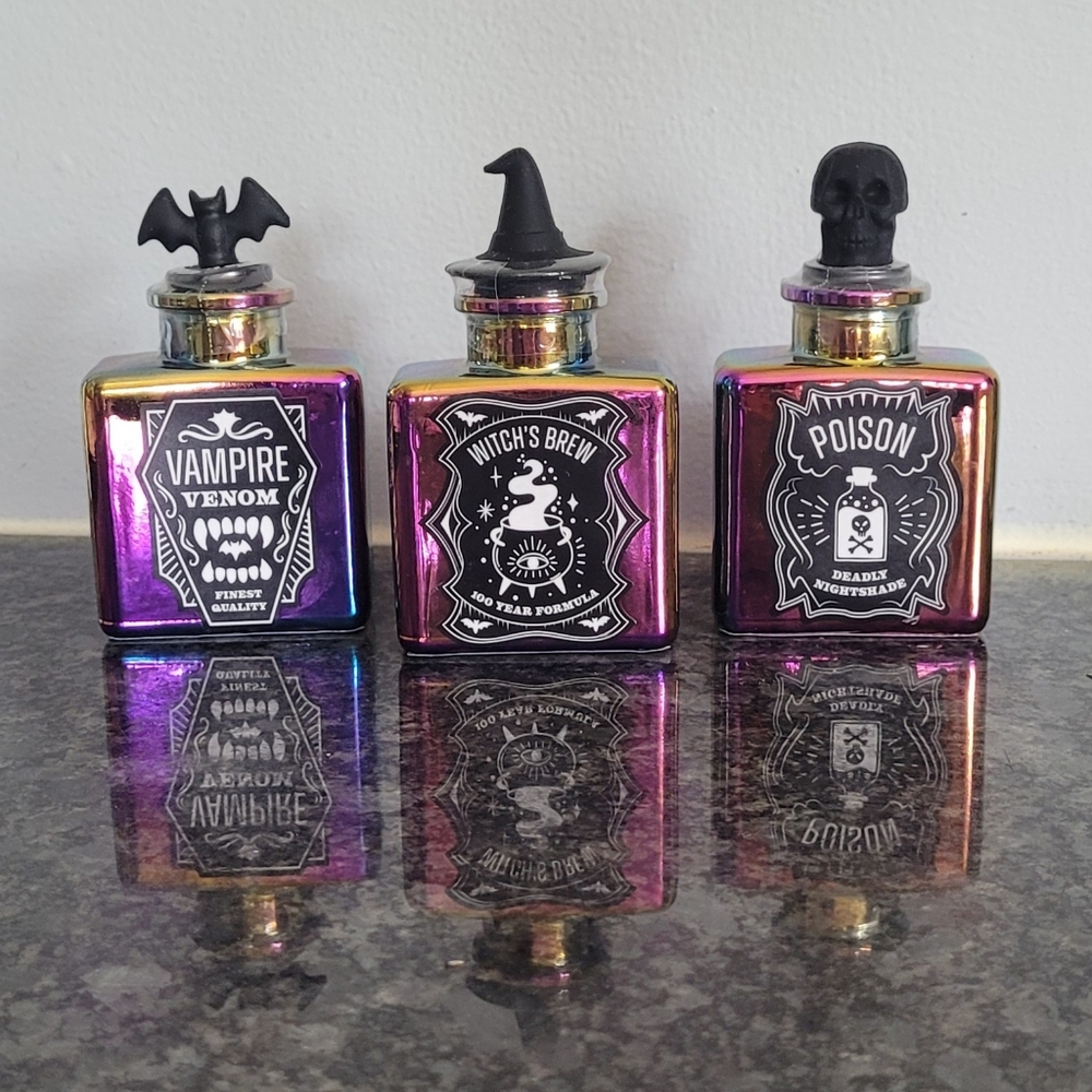 Three 4" Iridescent Potion Bottles Halloween Decorative- Bullseye's Playground